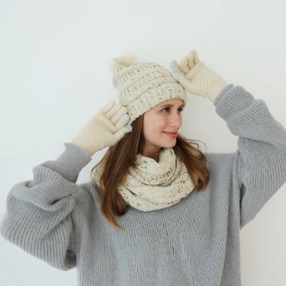 Winter Beanie Scarf Gloves Set Knit Faux Fur Ball Touch Screen Gloves